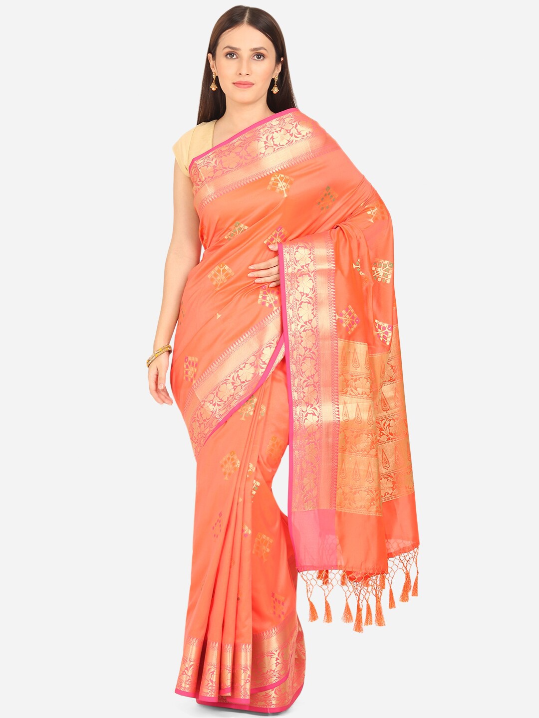 

BOMBAY SELECTIONS Coral & Gold-Toned Floral Art Silk Banarasi Saree