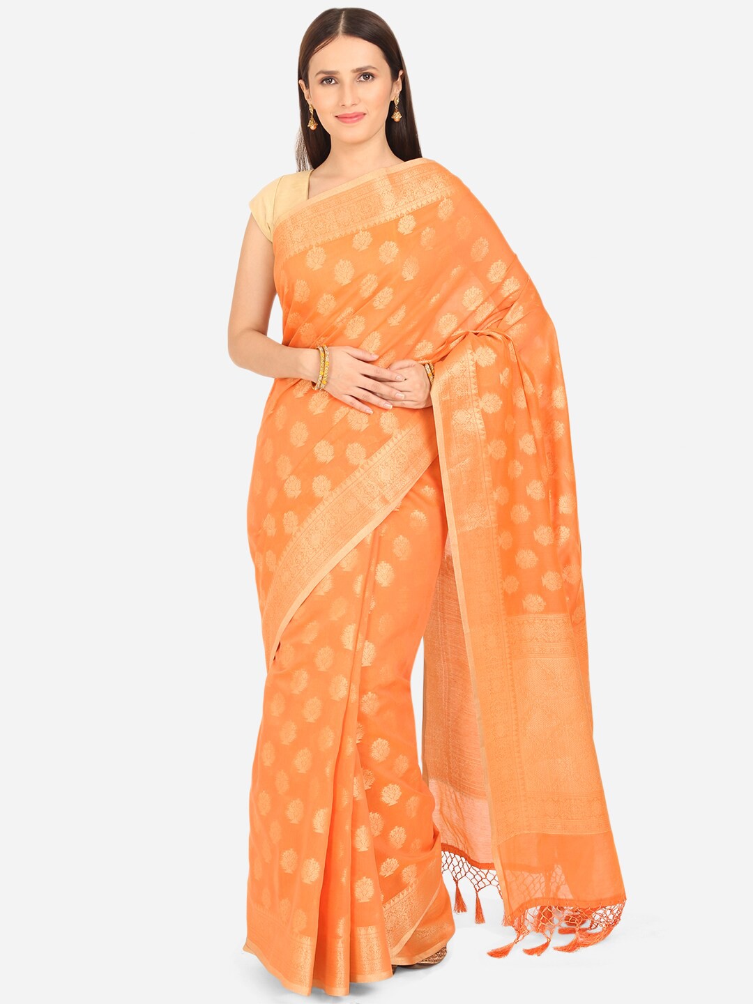 

BOMBAY SELECTIONS Orange & Gold-Toned Floral Zari Banarasi Saree