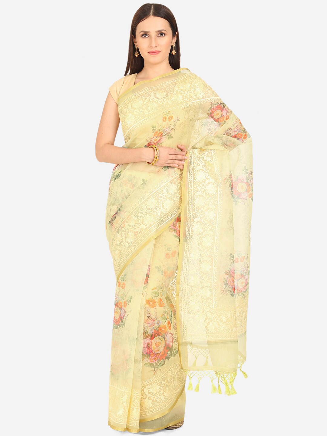 

BOMBAY SELECTIONS Lime Green & Orange Floral Embroidered Organza Saree