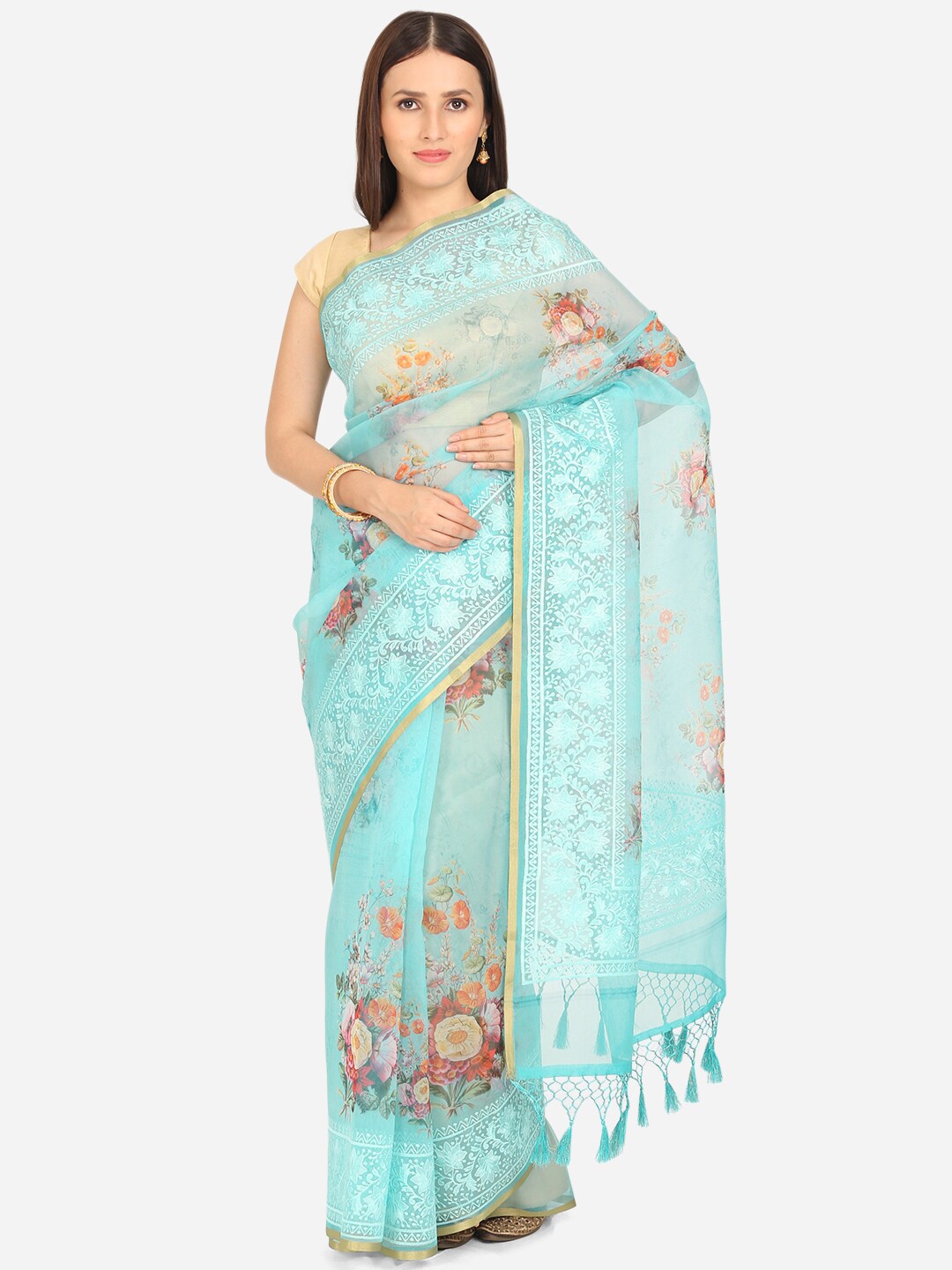 

BOMBAY SELECTIONS Sea Green & Red Floral Embroidered Organza Saree