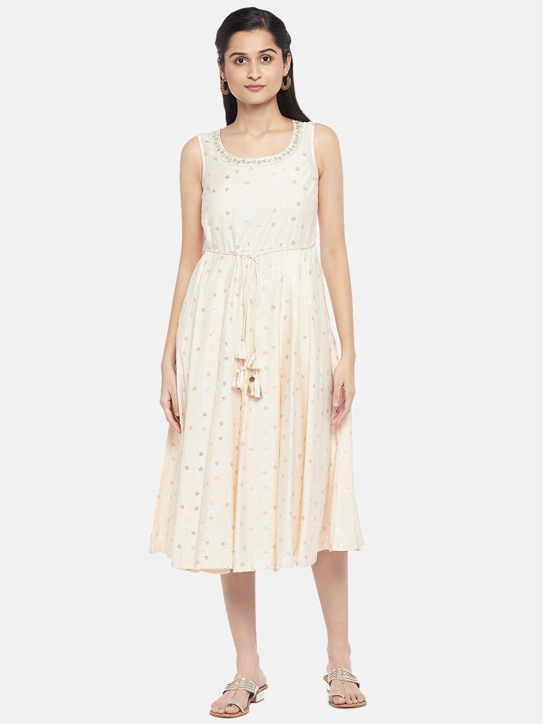 

AKKRITI BY PANTALOONS Off White & Gold-Toned Floral Ethnic Midi Dress