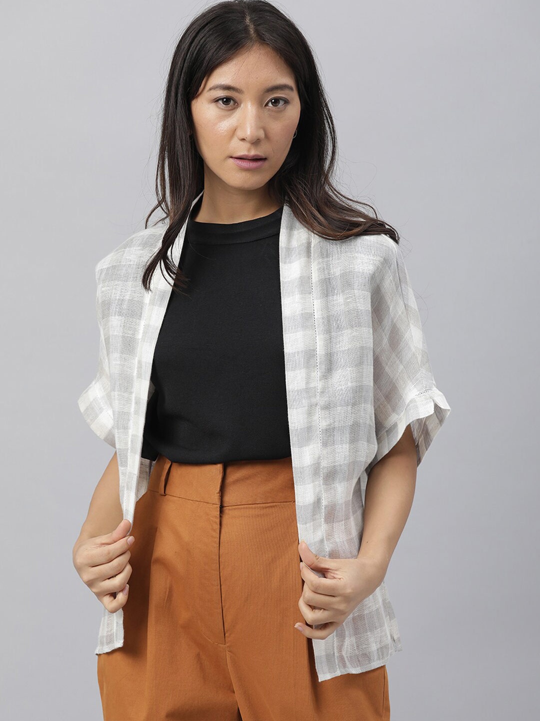 

RAREISM Women Grey & White Checked Open Front Shrug