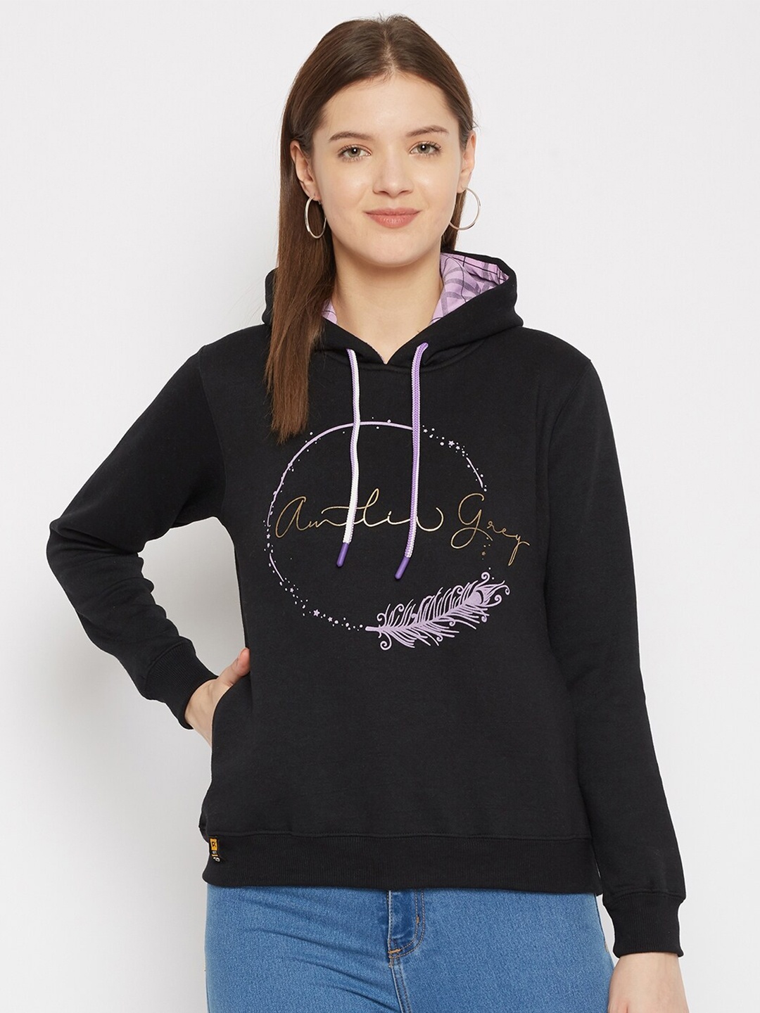 

FirstKrush Women Black Printed Hooded Sweatshirt