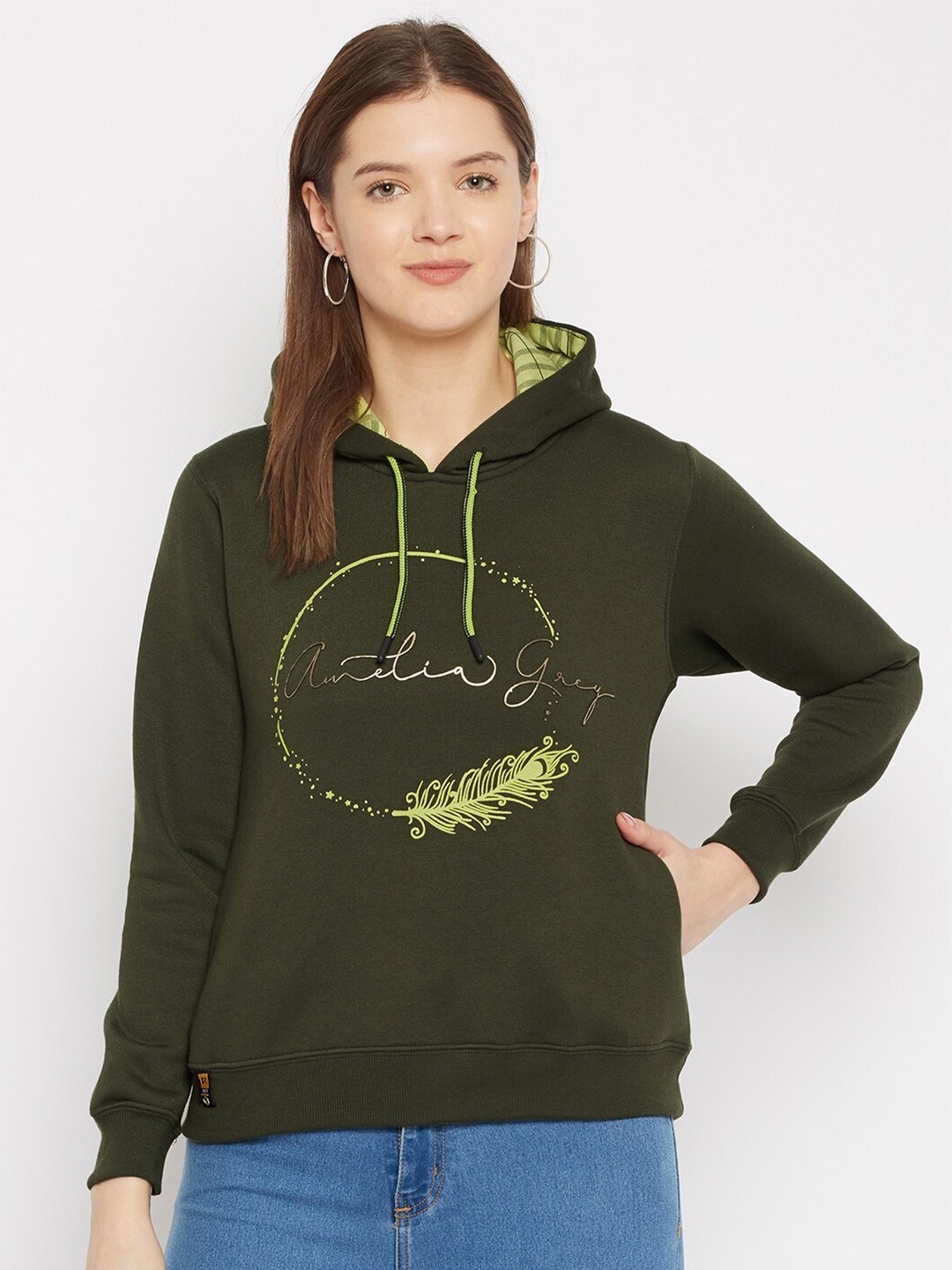 

FirstKrush Women Olive Green Printed Hooded Sweatshirt