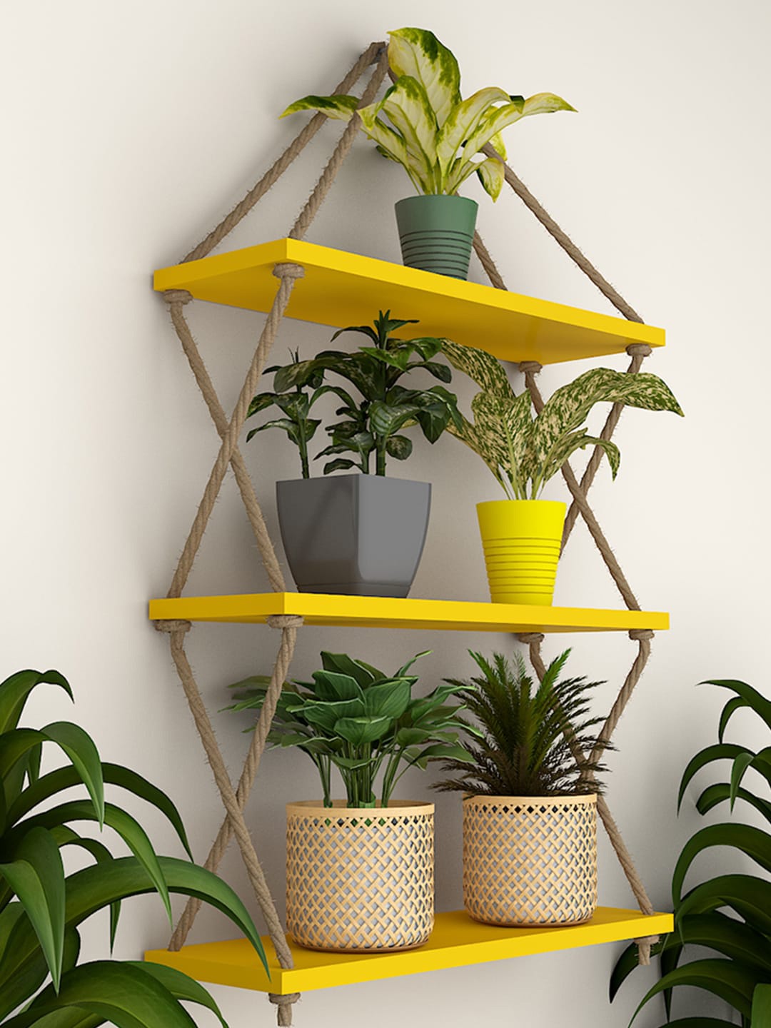 

WALLMANTRA Unisex Yellow Cross Rope Wall Hanging Shelf Yellow