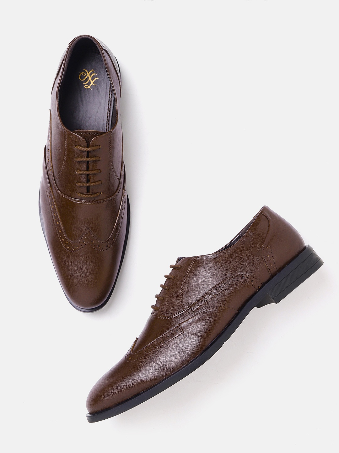

House of Pataudi Men Coffee Brown Leather Handcrafted Formal Brogues