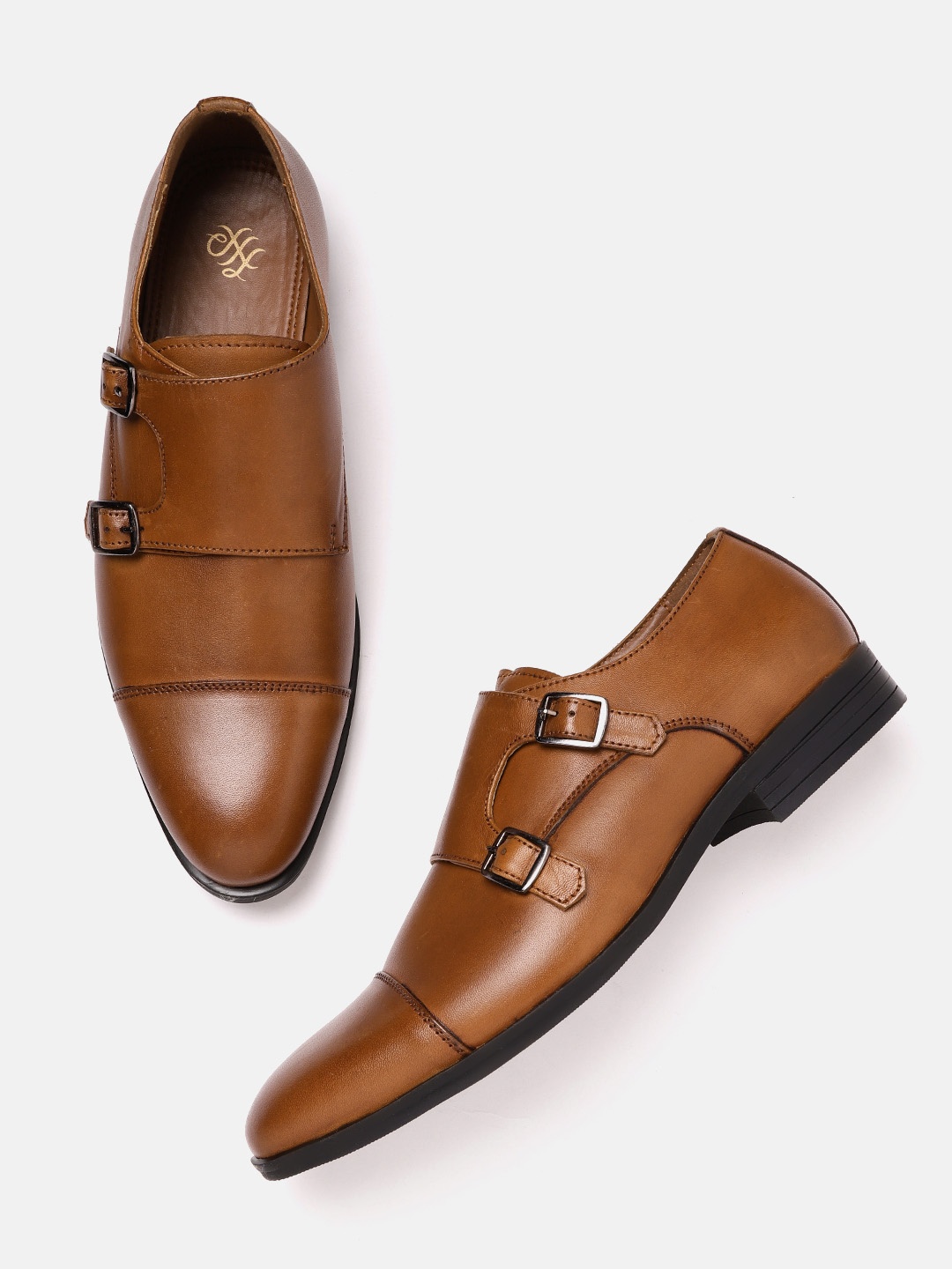 

House of Pataudi Men Tan Brown Handcrafted Leather Formal Monk Shoes