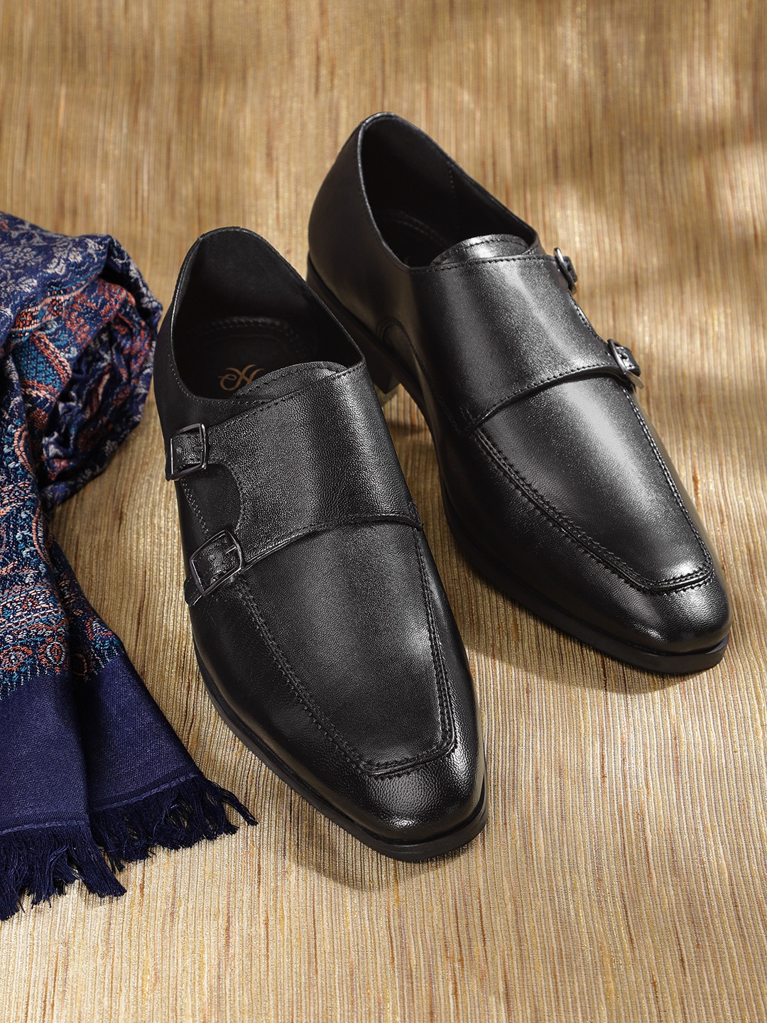 

House of Pataudi Men Black Solid Handcrafted Leather Formal Monk Shoes