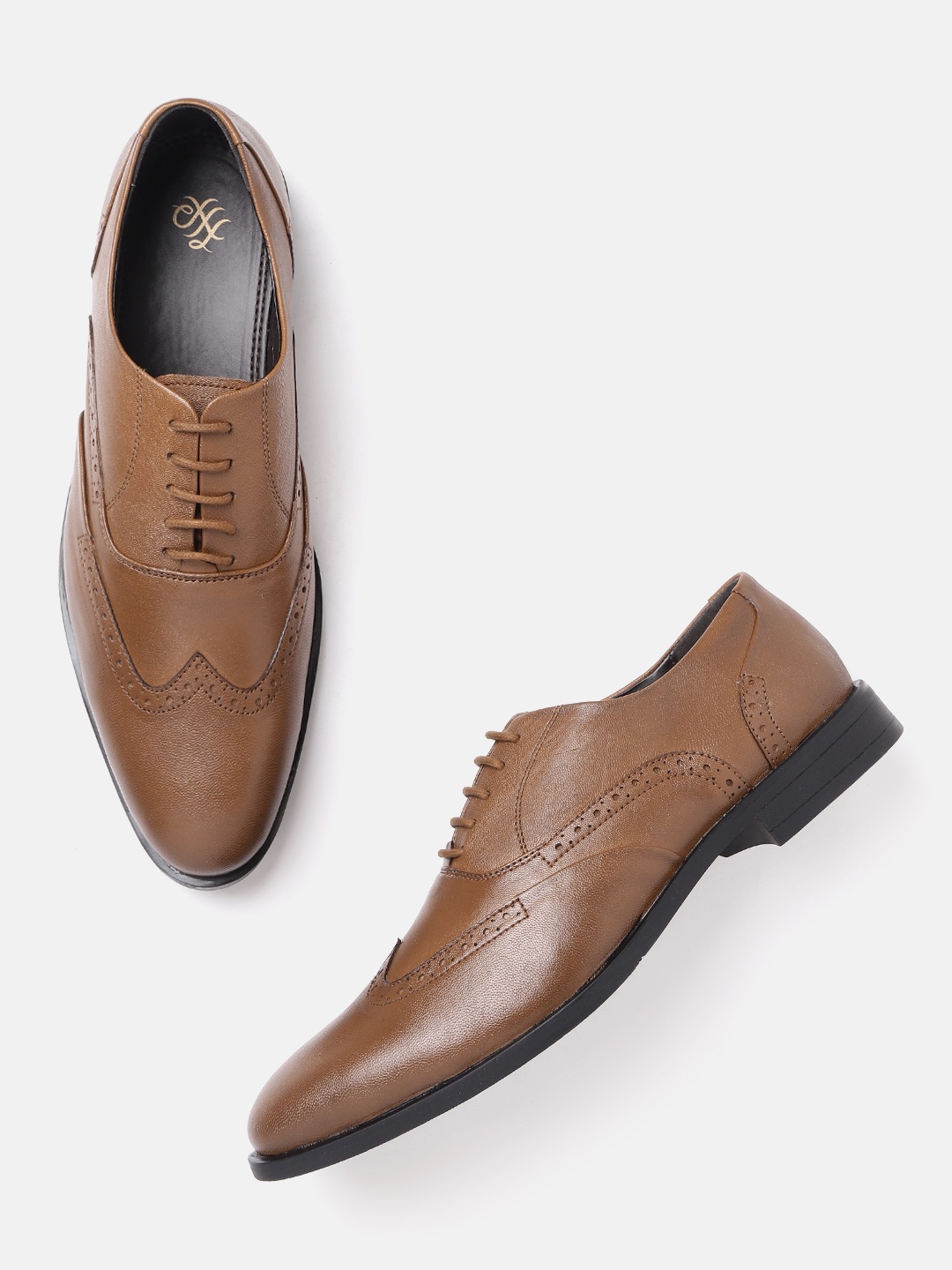 

House of Pataudi Men Tan Brown Leather Handcrafted Formal Brogues