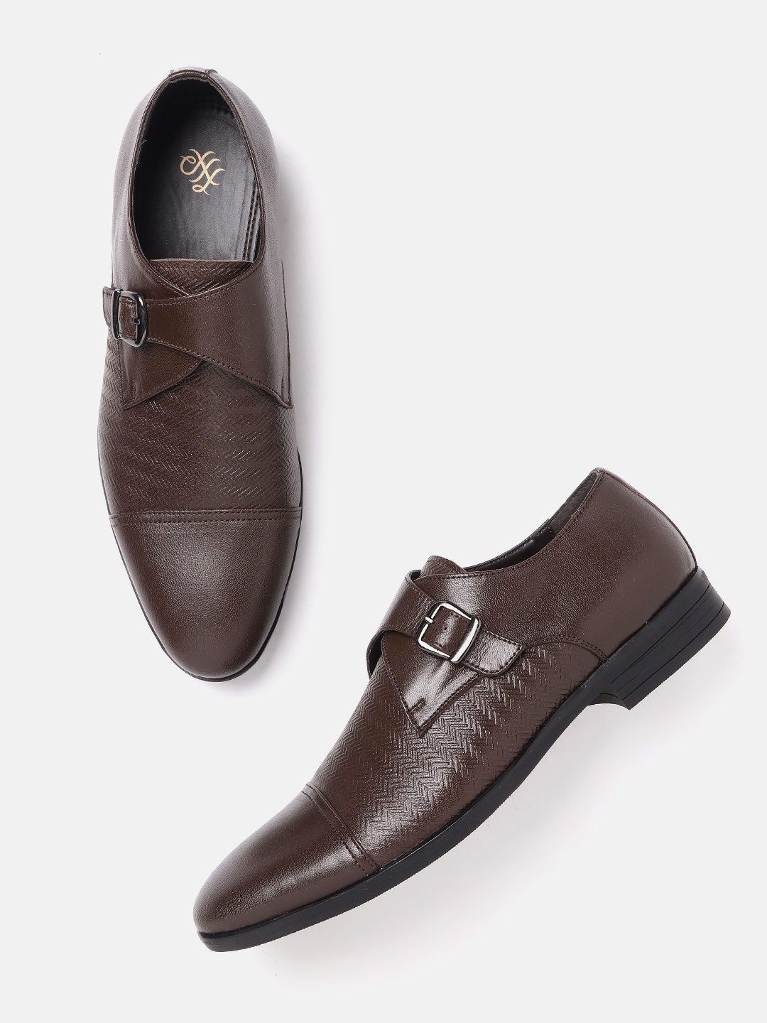 

House of Pataudi Men Coffee Brown Textured Leather Handcrafted Formal Monk Shoes