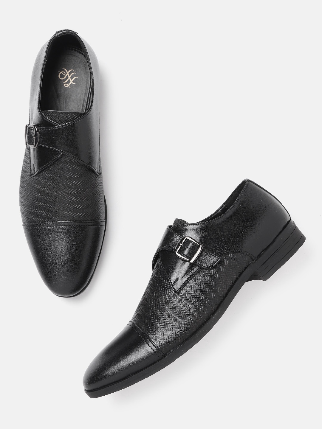 

House of Pataudi Men Black Textured Leather Handcrafted Formal Monk Shoes