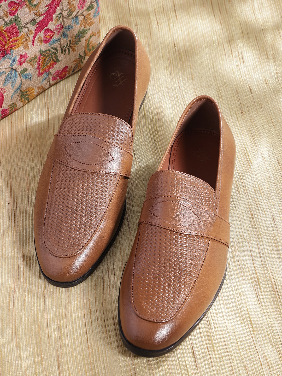 

House of Pataudi Men Tan Brown Textured Leather Handcrafted Formal Slip-Ons