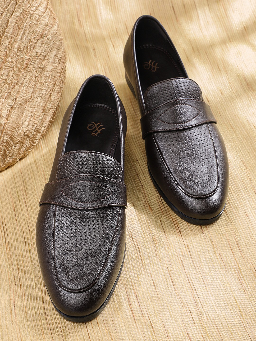 

House of Pataudi Men Coffee Brown Handcrafted Textured Leather Formal Slip-On Shoes