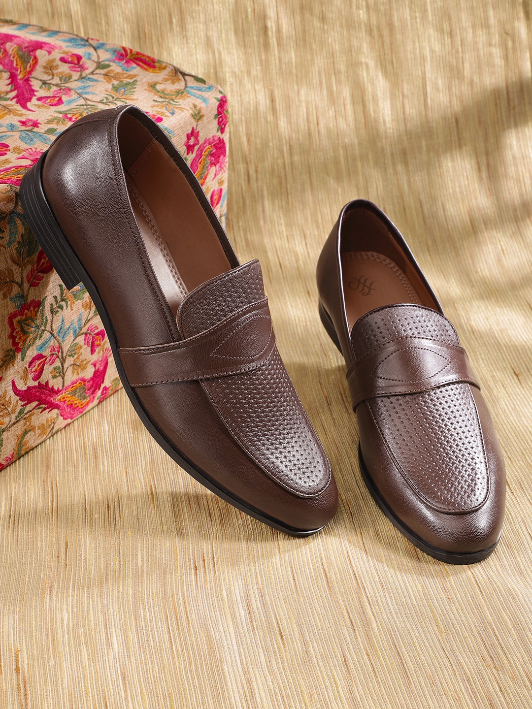 

House of Pataudi Men Coffee Brown Textured Leather Handcrafted Formal Slip-Ons