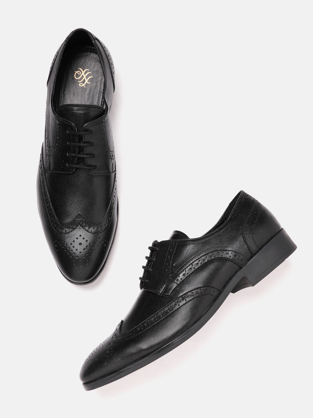

House of Pataudi Men Black Handcrafted Leather Formal Brogues