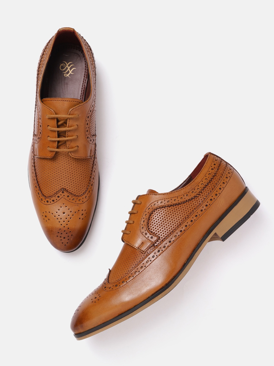 

House of Pataudi Men Tan Brown Handcrafted Perforated Leather Formal Brogues