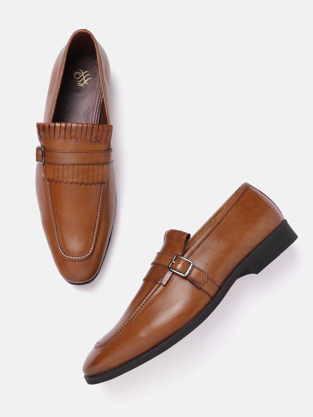 

House of Pataudi Men Brown Solid Handcrafted Leather Semi Formal Monk Shoes