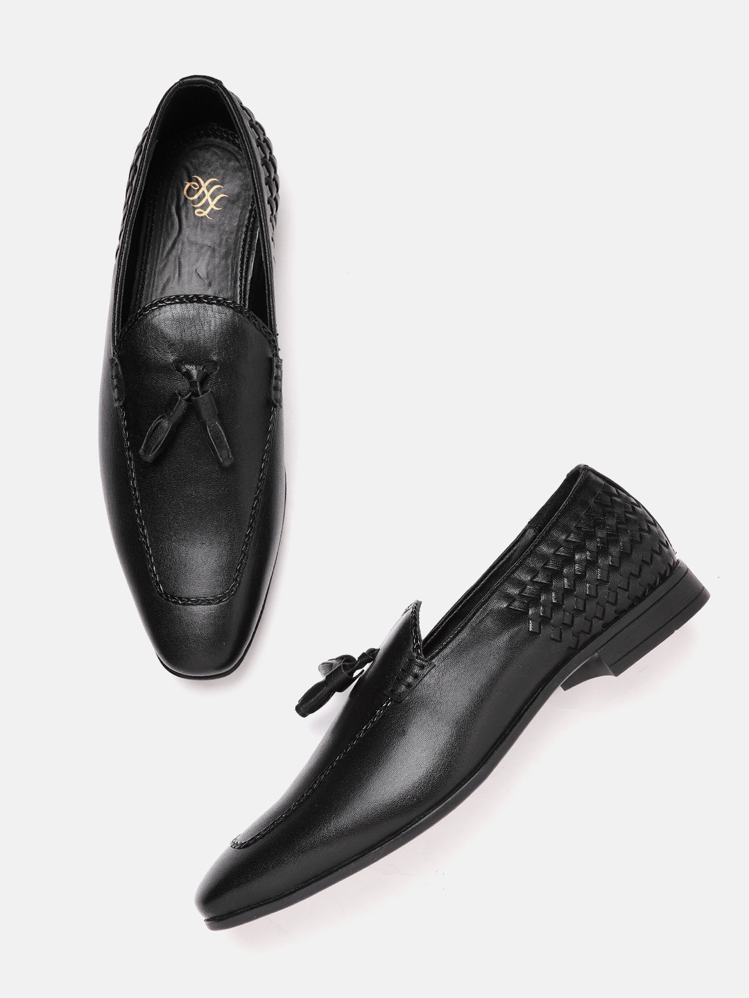 

House of Pataudi Men Black Handcrafted Basket Weave Textured Leather Formal Loafers