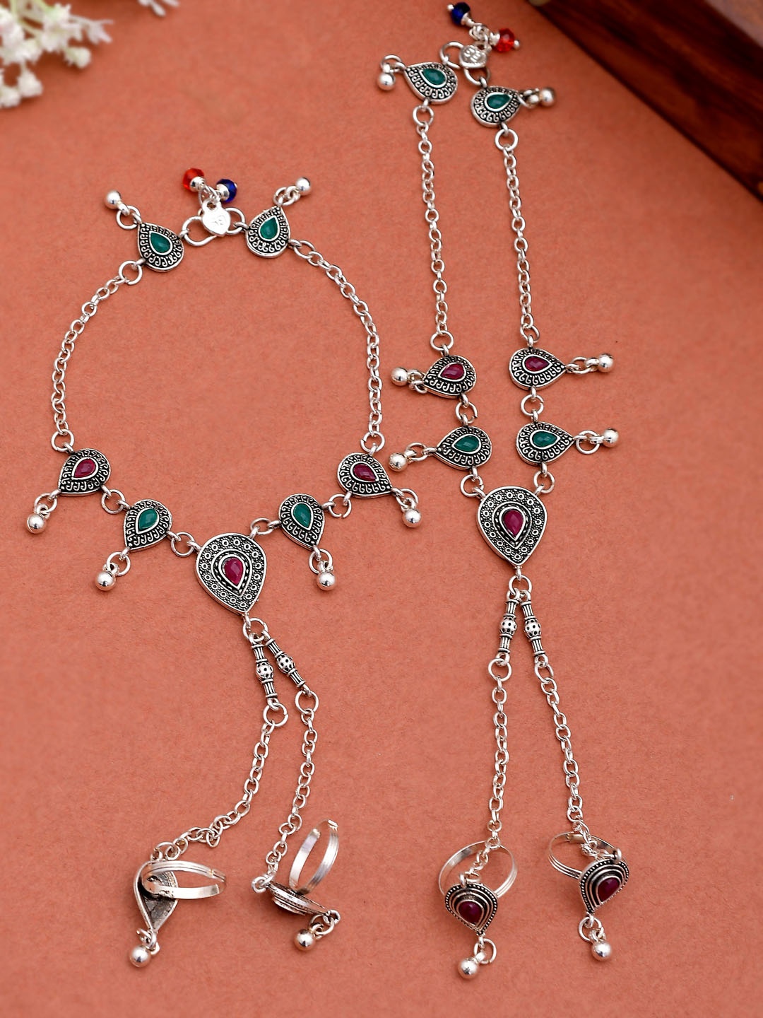 

Silvermerc Designs Set of 2 Silver-Plated Stone-studded Beaded Handcrafted Anklets With Toe Rings