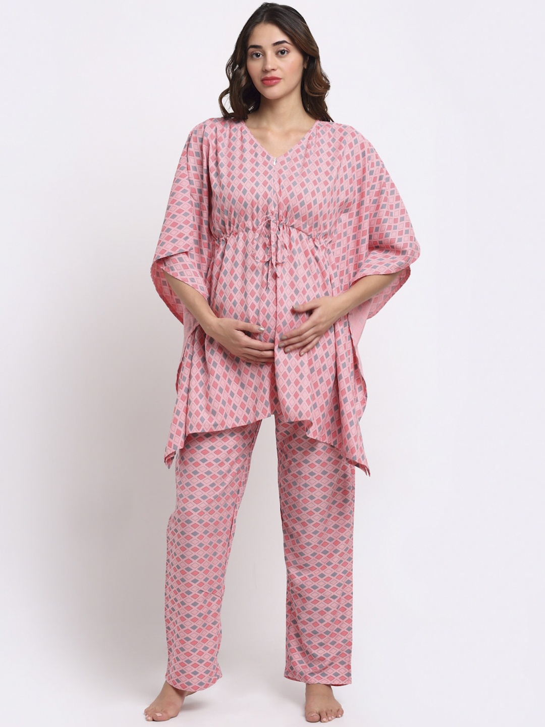 

Aujjessa Women Peach-Coloured & Blue Printed Maternity Night suit