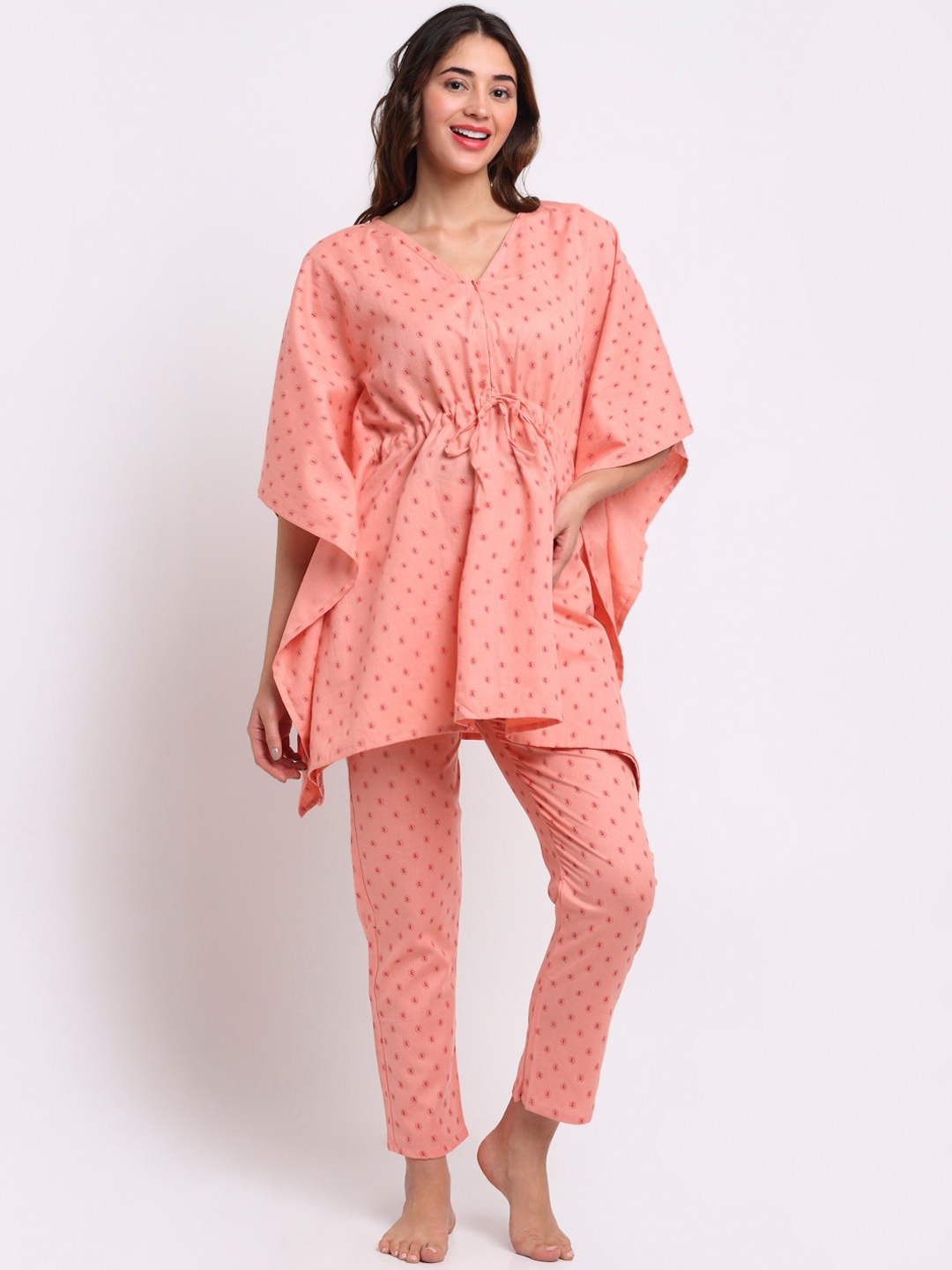

Aujjessa Women Peach-Coloured Ethnic Motifs Printed 2 Pc Kaftan Maternity Night Suit