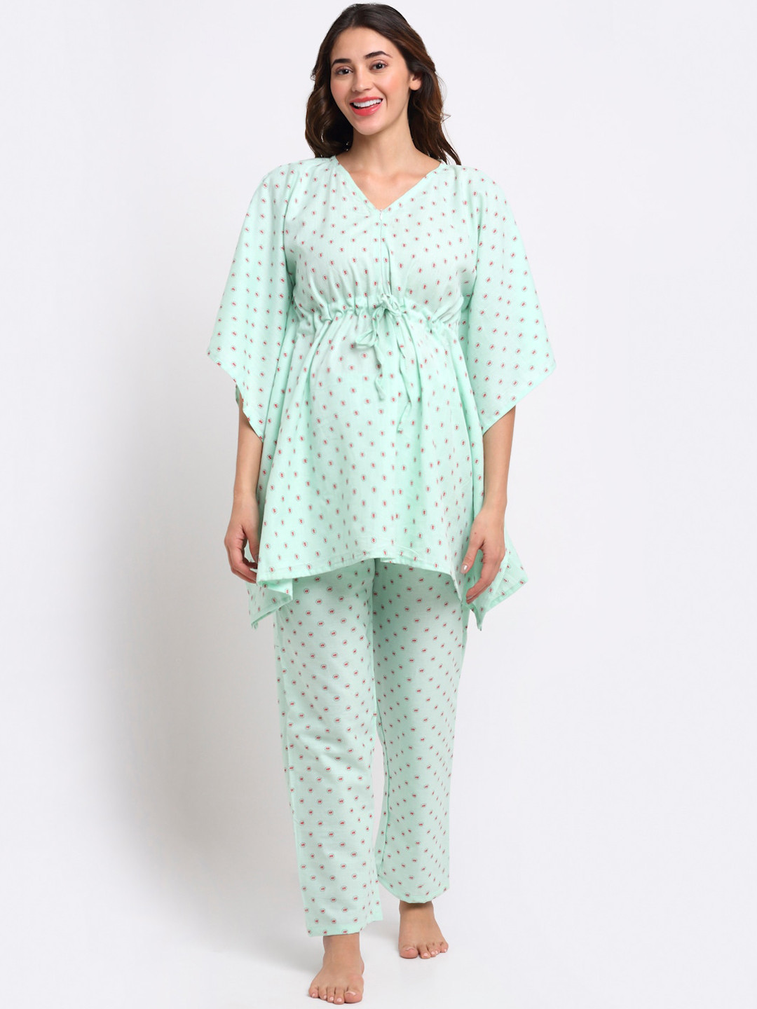 

Aujjessa Women Green & Red Printed Kaftan Night suit