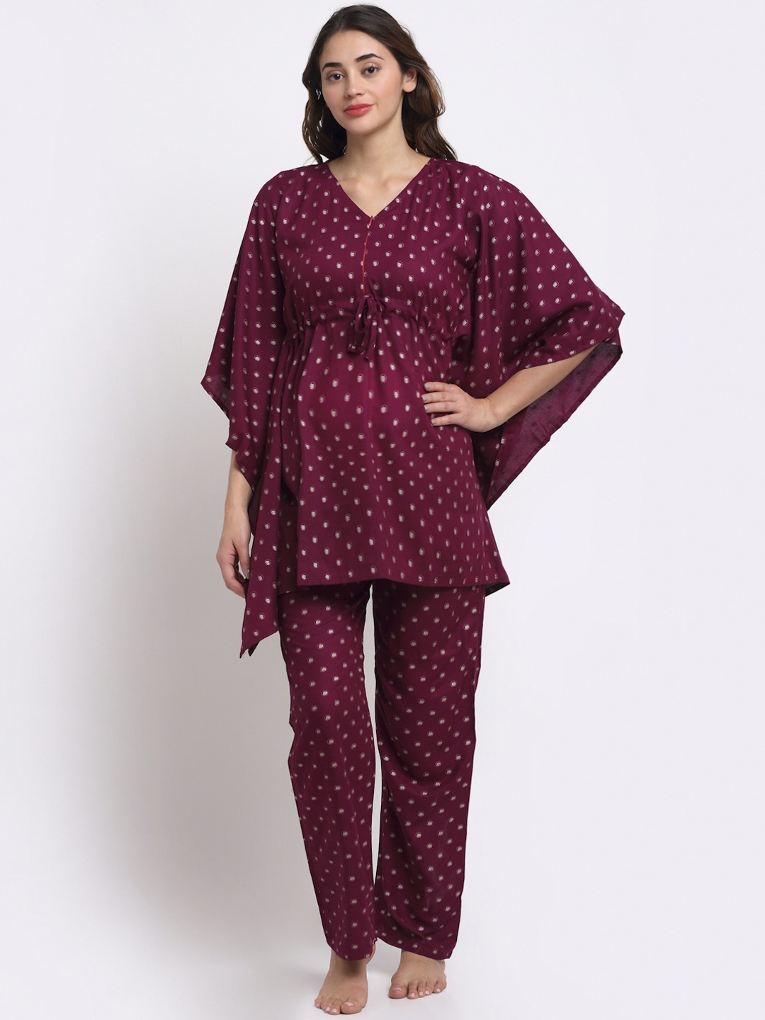 

Aujjessa Women Burgundy & White Printed Night suit