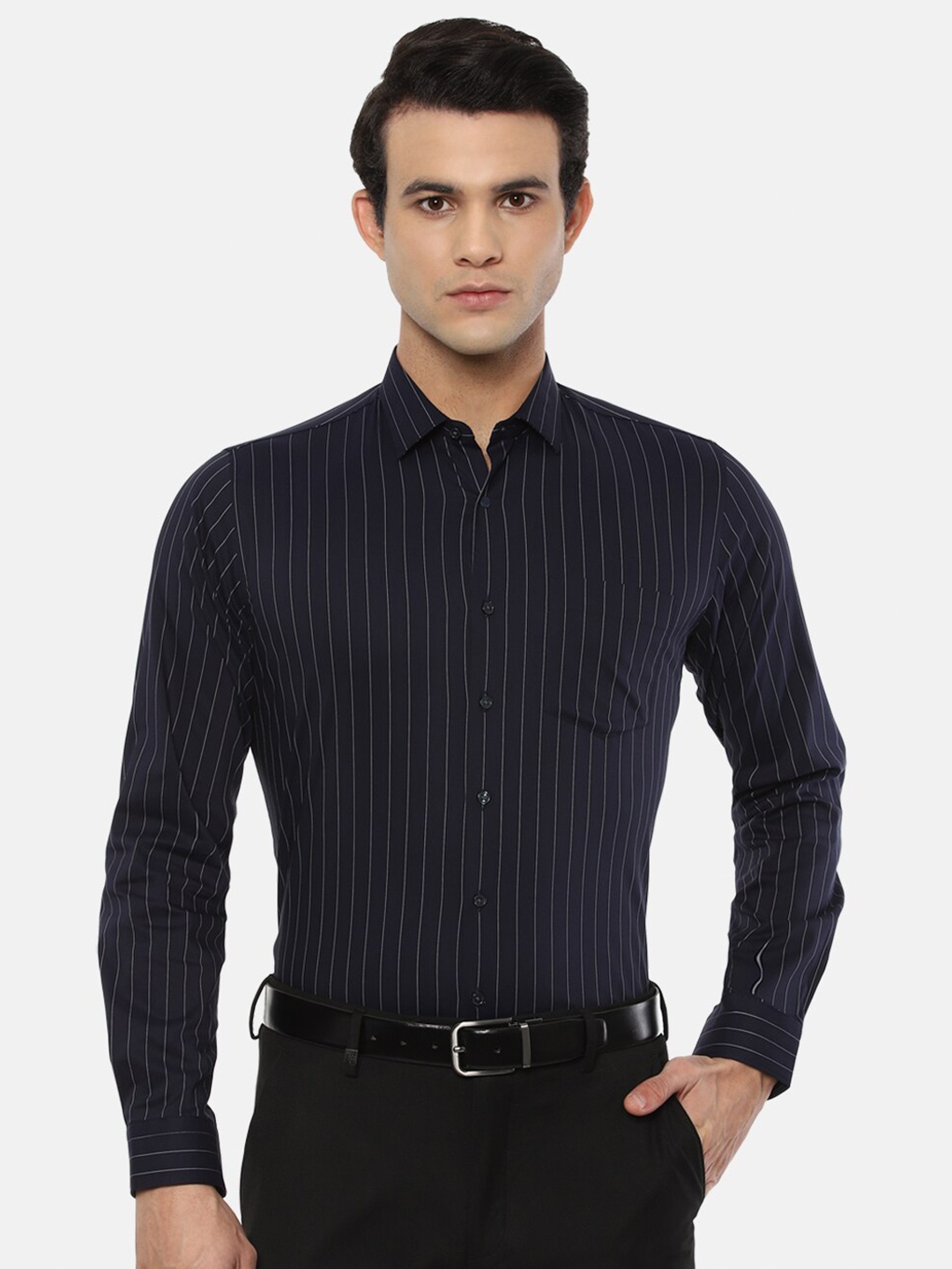 

Van Heusen Men Black Opaque Striped Formal Shirt
