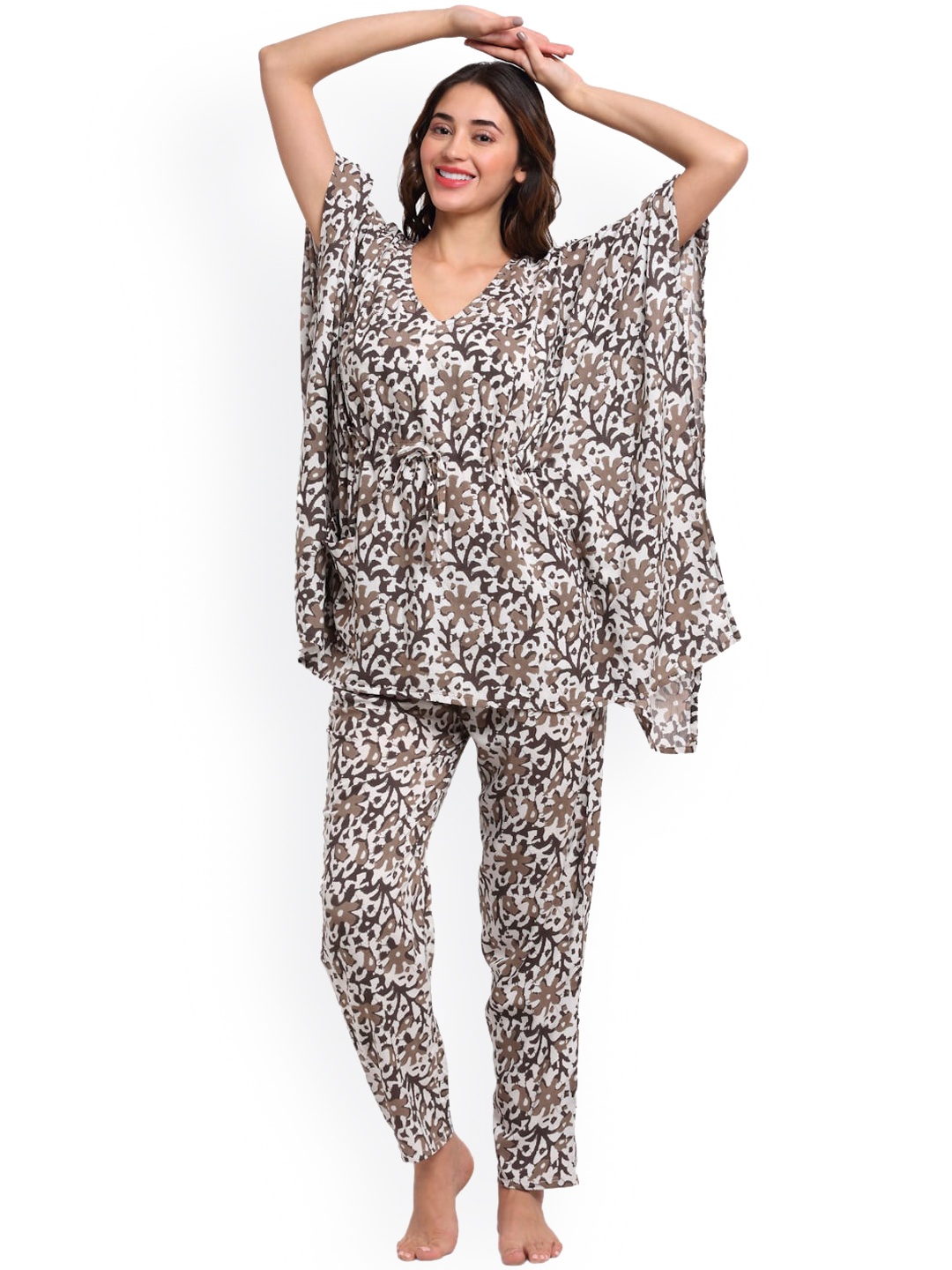 

Aujjessa Women Cream-Coloured & White Printed Kaftan Night Suit