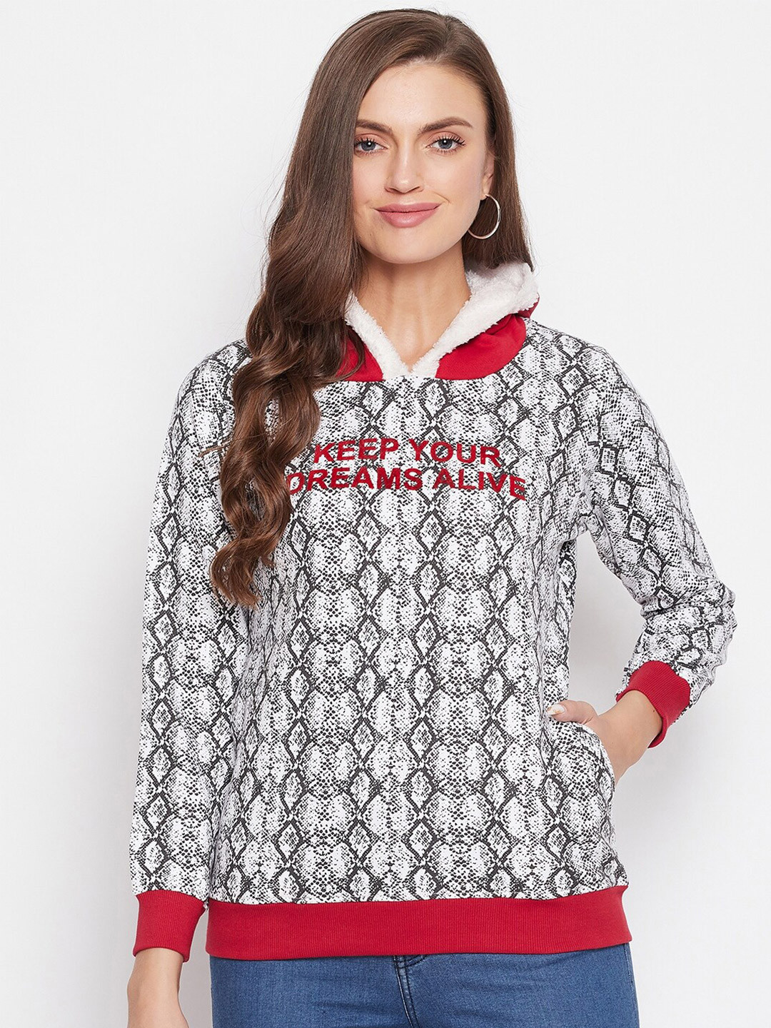 

NEVA Women White Printed Hooded Cotton Sweatshirt