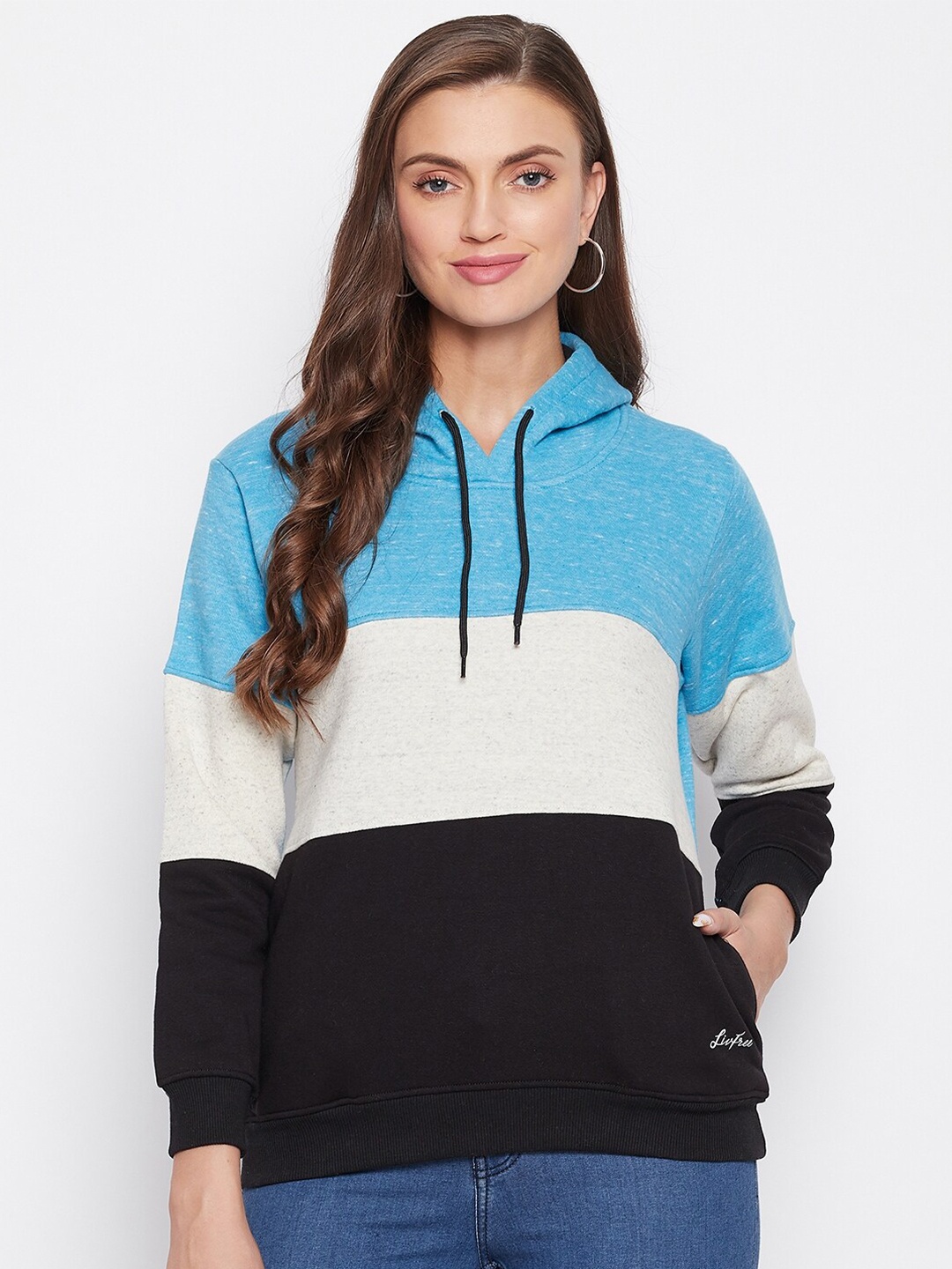 

NEVA Women Blue & Black Colourblocked Hooded Cotton Sweatshirt