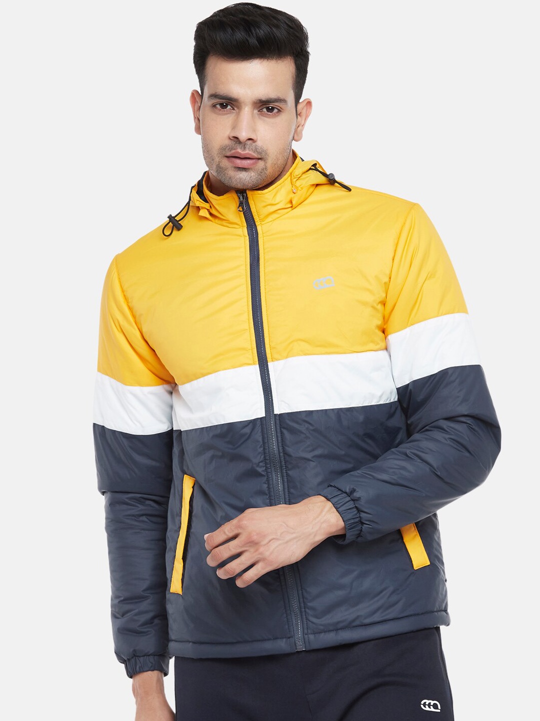 

Ajile by Pantaloons Men Yellow & Navy Blue Colourblocked Padded Jacket