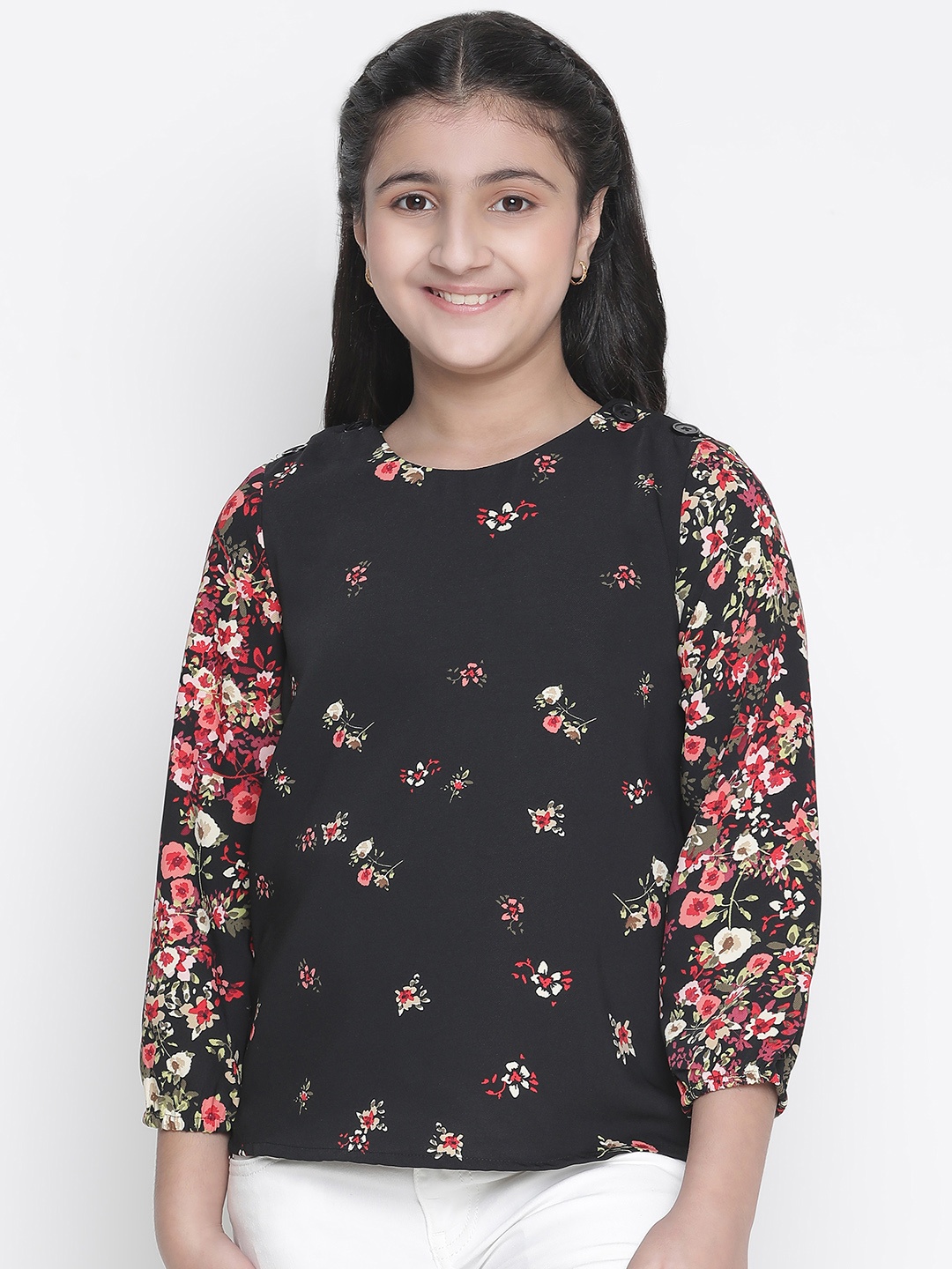 

Oxolloxo Black & Multicoloured Floral Printed Regular Top