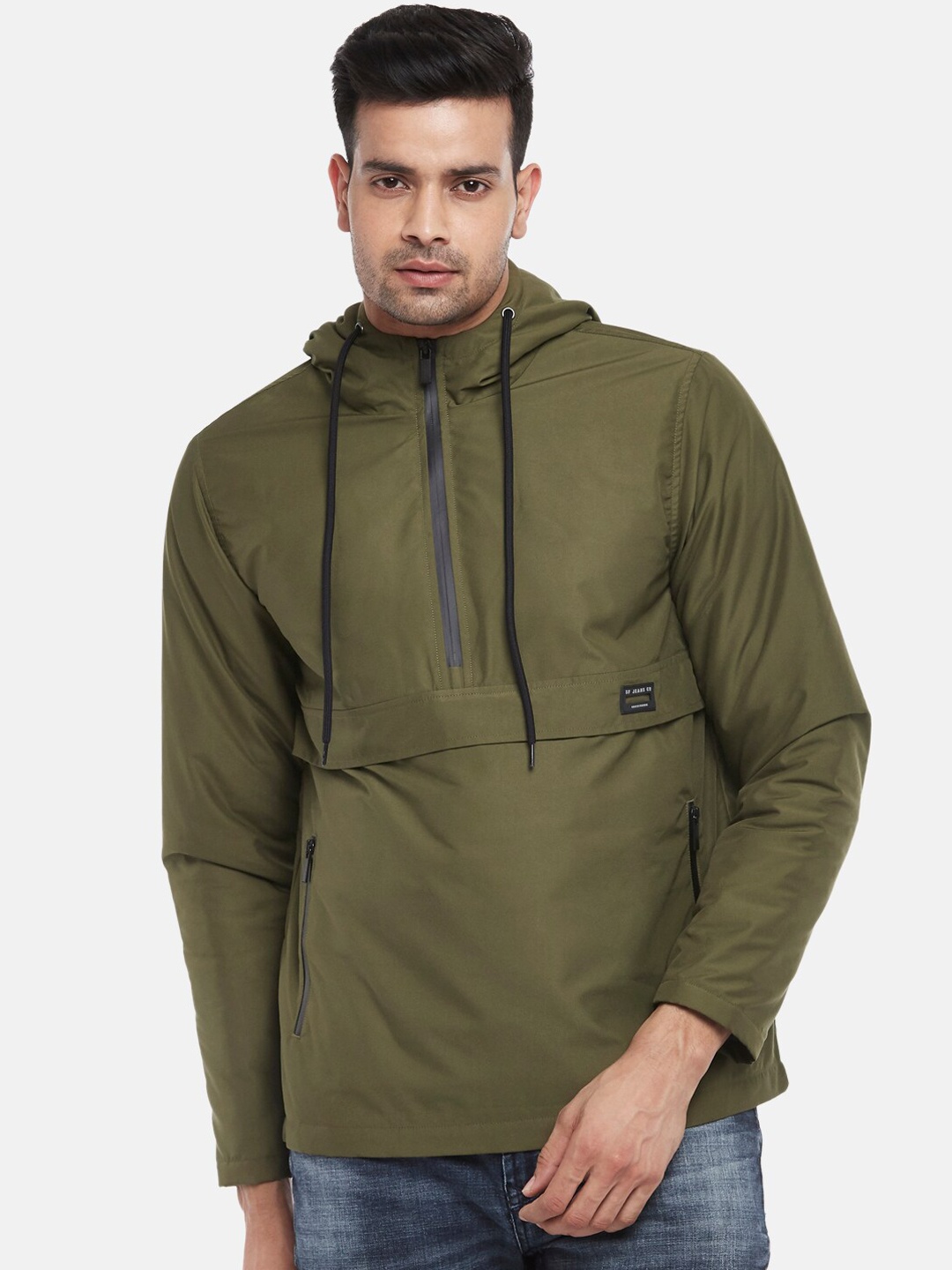 

SF JEANS by Pantaloons Men Olive Green Solid Hooded Tailored Jacket