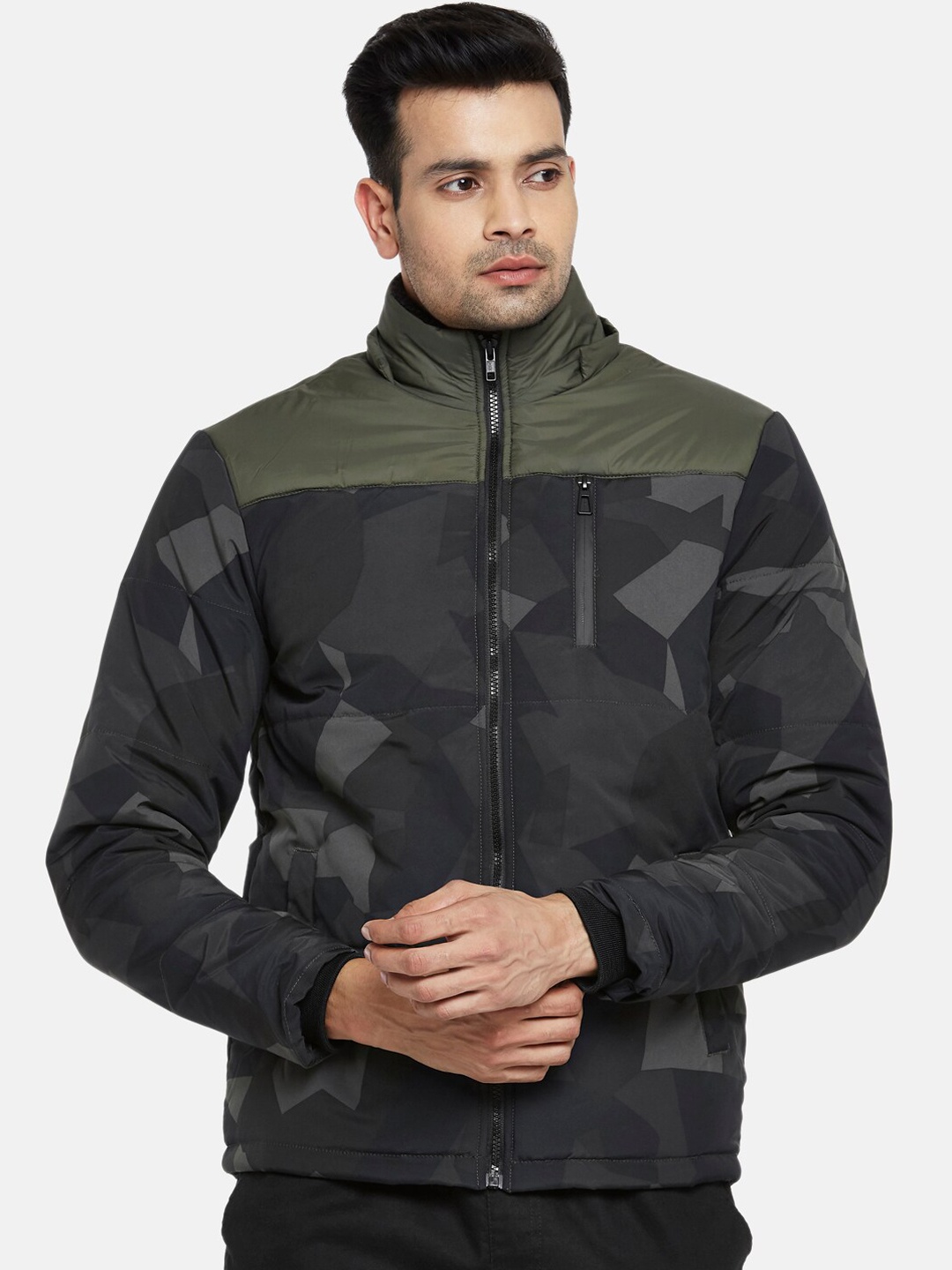

Urban Ranger by pantaloons Men Olive Green Grey Camouflage Bomber Jacket