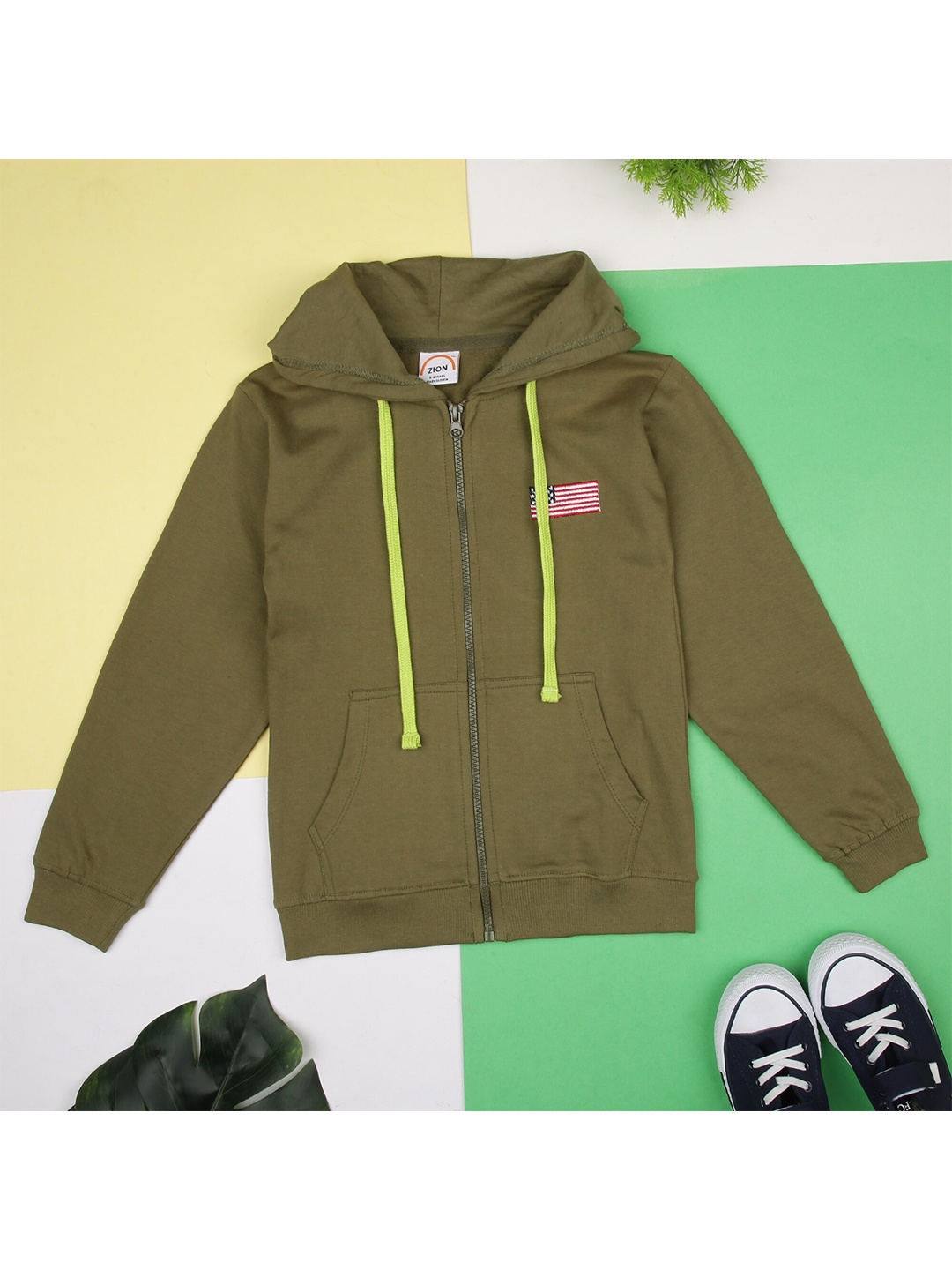 

ZION Unisex Kids Olive Green Hooded Pure Cotton Sweatshirt