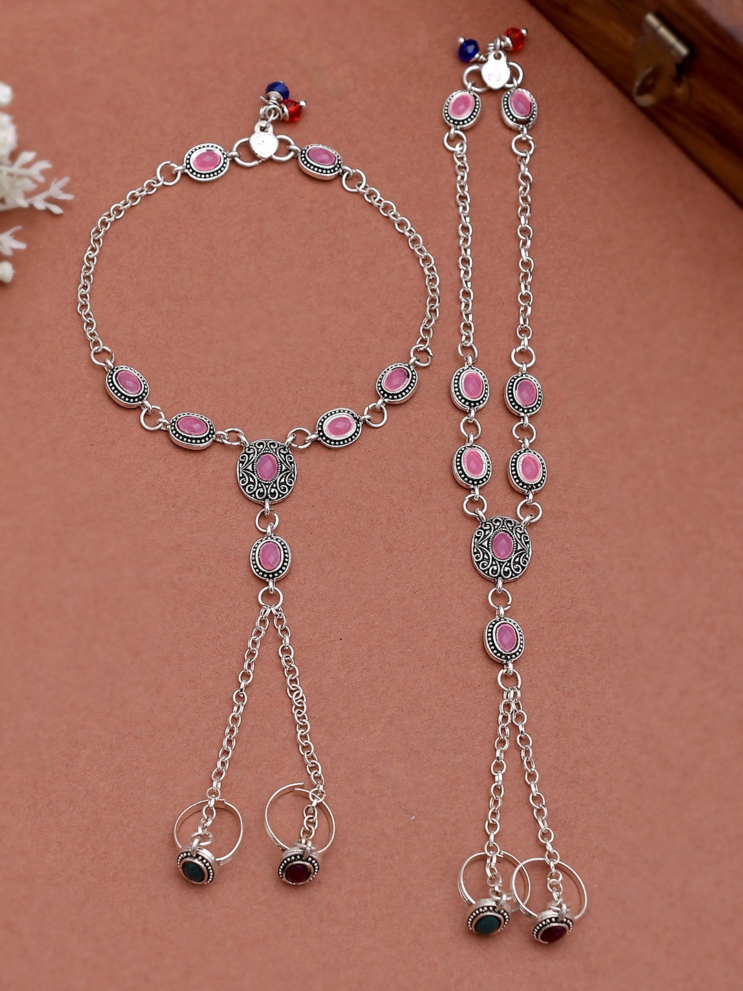 

Silvermerc Designs Set Of 2 Silver-Plated & Pink Stones-Studded & Beaded Anklets With Double Toe Rings