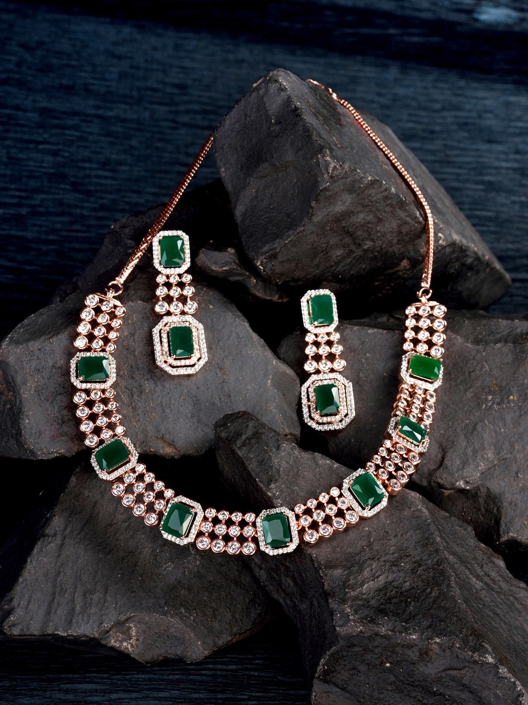 

Saraf RS Jewellery Rose Gold-Plated & Green AD & CZ-Studded Contemporary Jewellery Set