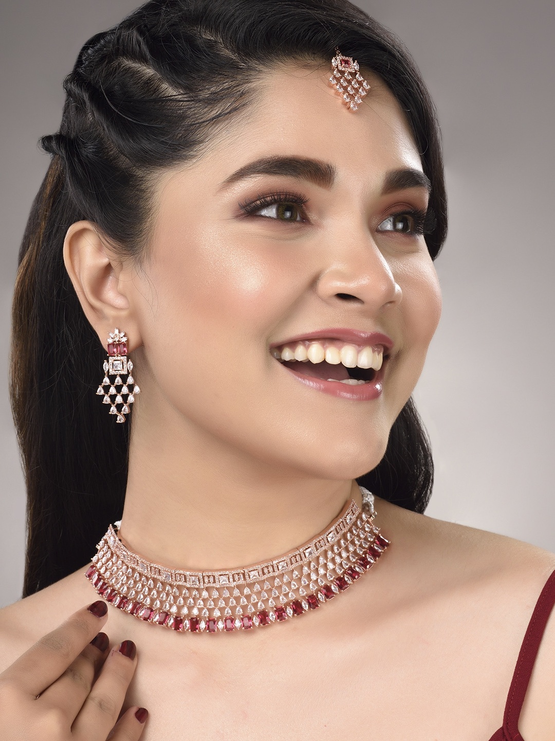 

Saraf RS Jewellery Rose Gold-Plated & Red AD & CZ-Studded Contemporary Jewellery Set