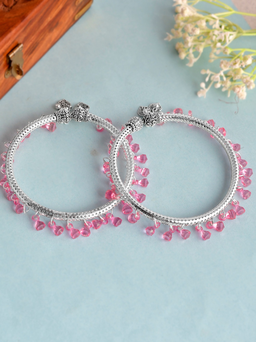 

Silvermerc Designs Set Of 2 Silver-Plated & Pink Beaded Kada Anklets