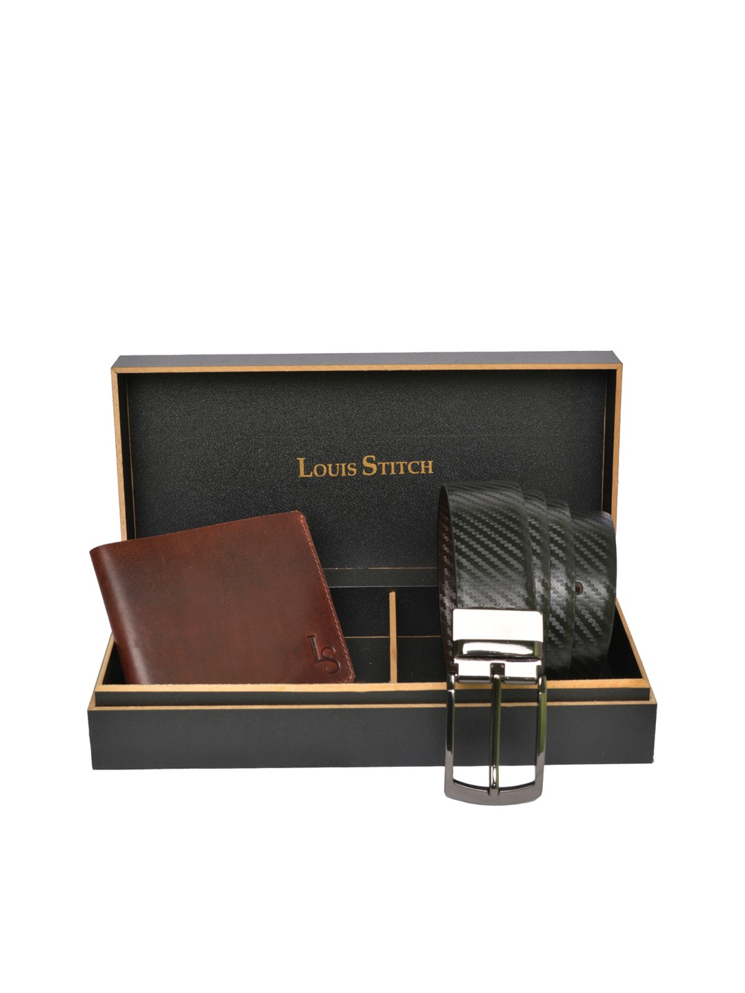 

LOUIS STITCH Men Tan Brown & Black Genuine Italian Leather Accessory Gift Set