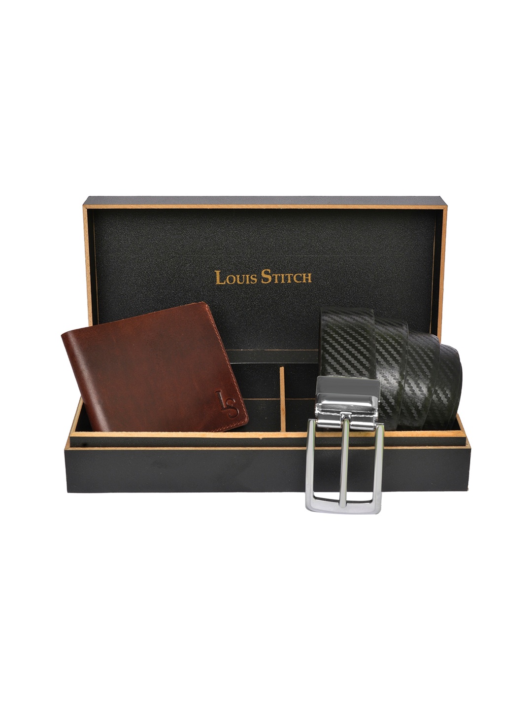 

LOUIS STITCH Men Tan Brown & Black Genuine Italian Leather Accessory Gift Set