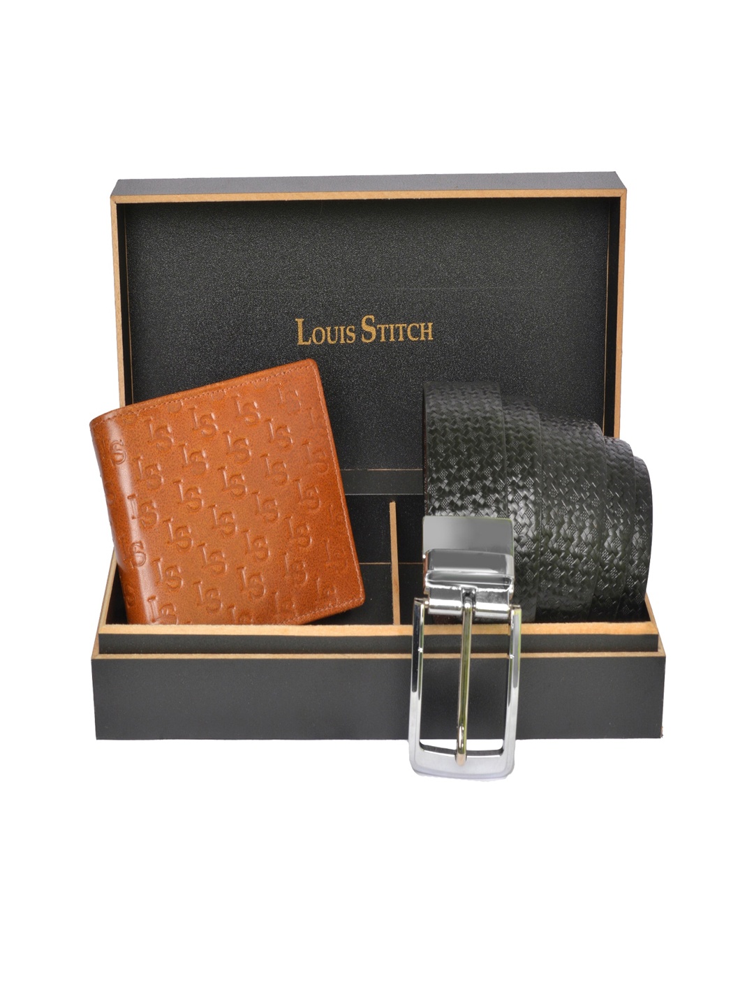 

LOUIS STITCH Men Brown & Black Genuine Italian Leather Accessory Gift Set