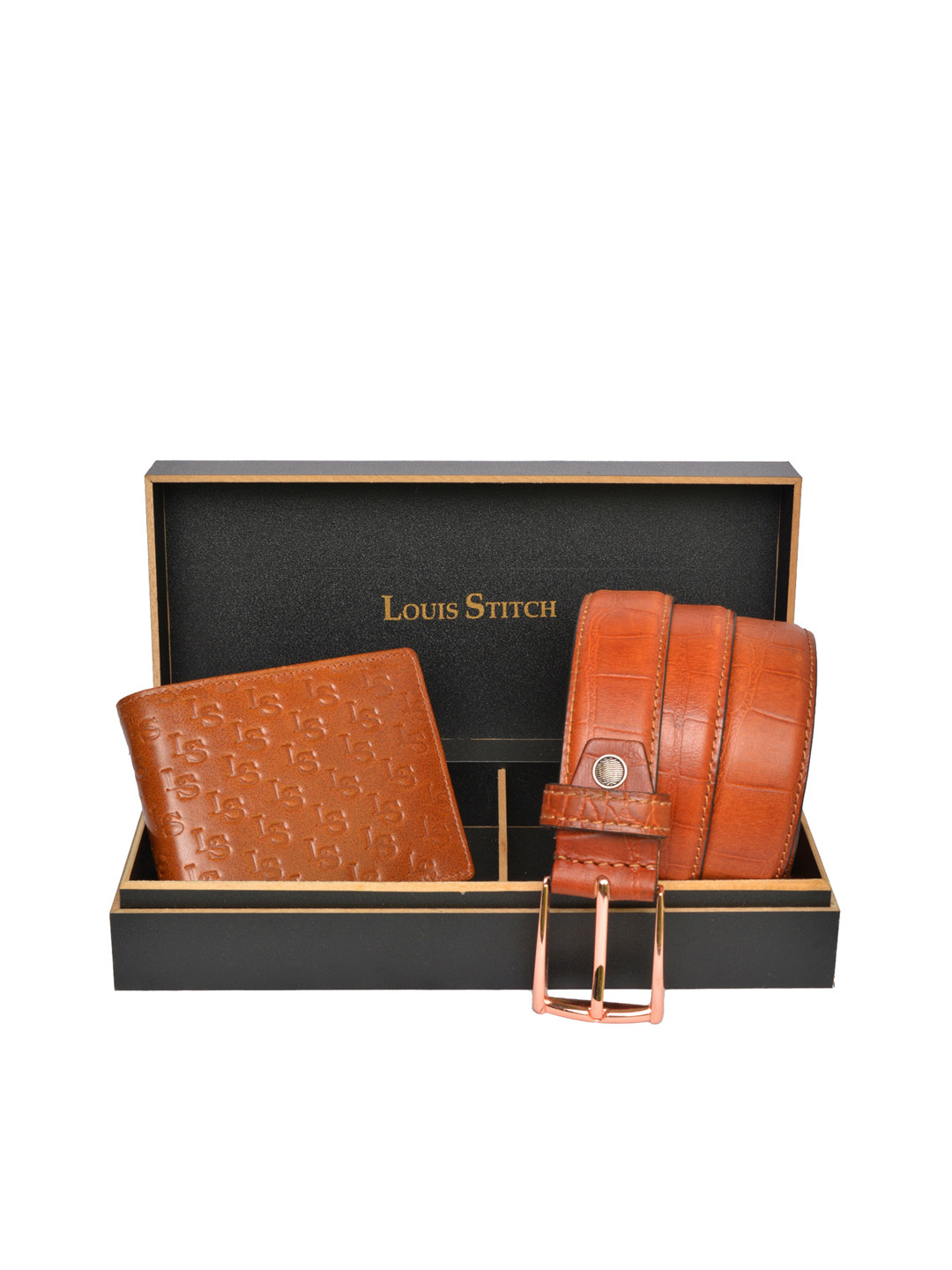

LOUIS STITCH Men Tan Brown Genuine Italian Leather Accessory Gift Set