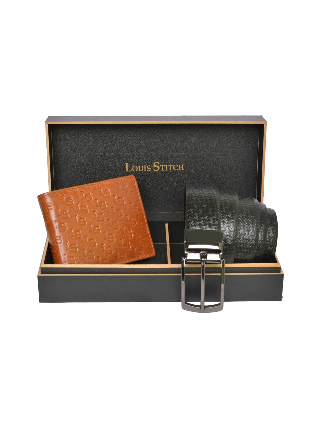 

LOUIS STITCH Men Black & Tan-Brown Solid Genuine Italian Leather Accessory Gift Set