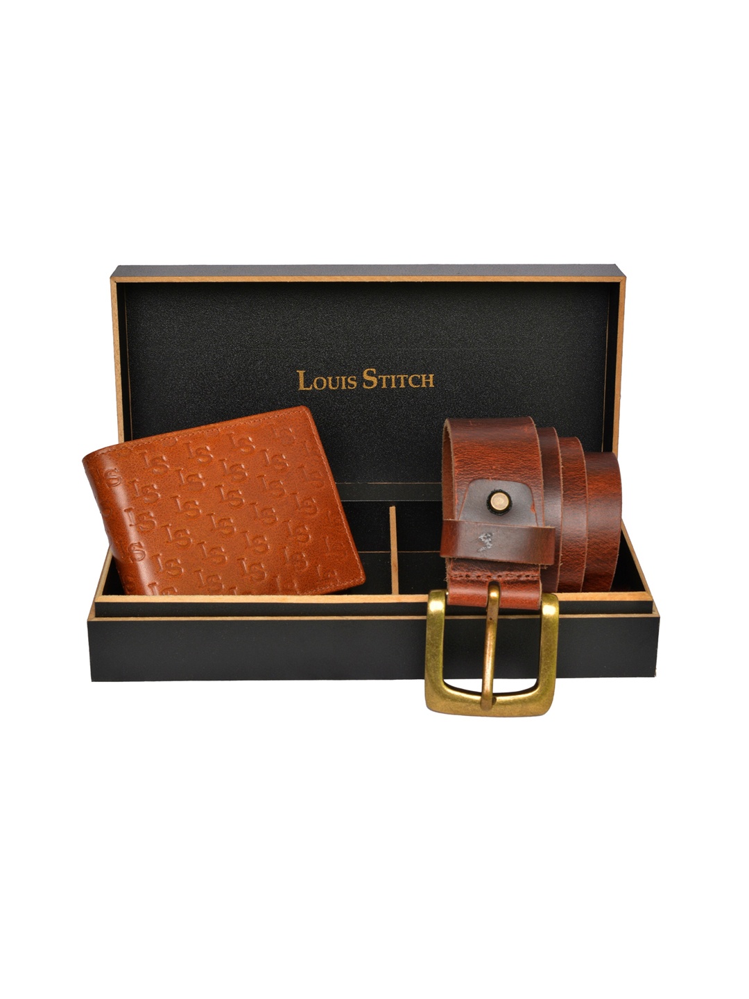 

LOUIS STITCH Men Tan Brown Genuine Italian Leather Accessory Gift Set