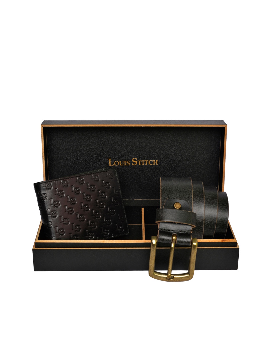 

LOUIS STITCH Men Brown & Black Genuine Italian Leather Accessory Gift Set