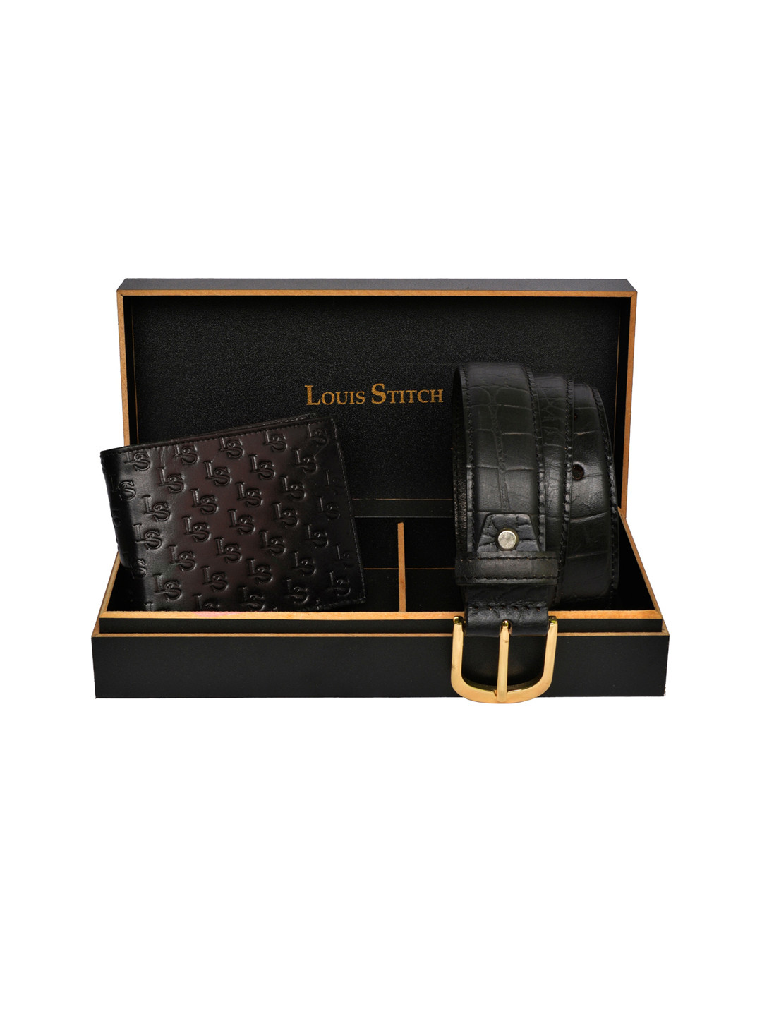 

LOUIS STITCH Men Black Textured Genuine Italian Leather Accessory Gift Set
