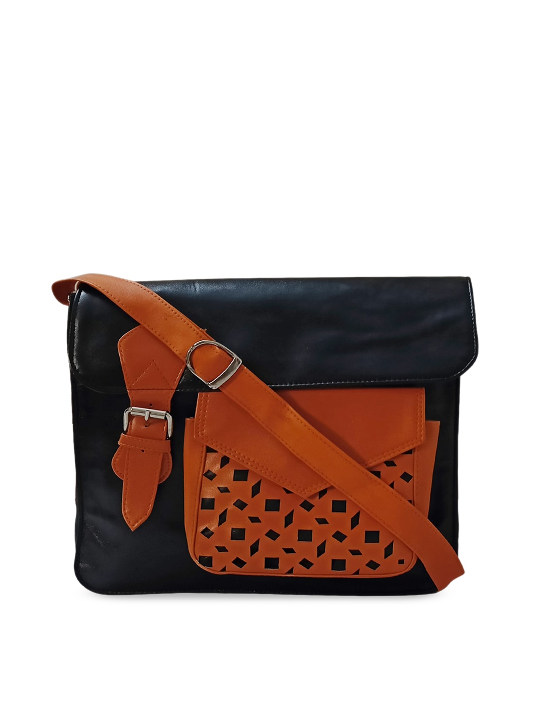 

Spice Art Black Geometric Embellished PU Structured Sling Bag with Cut Work