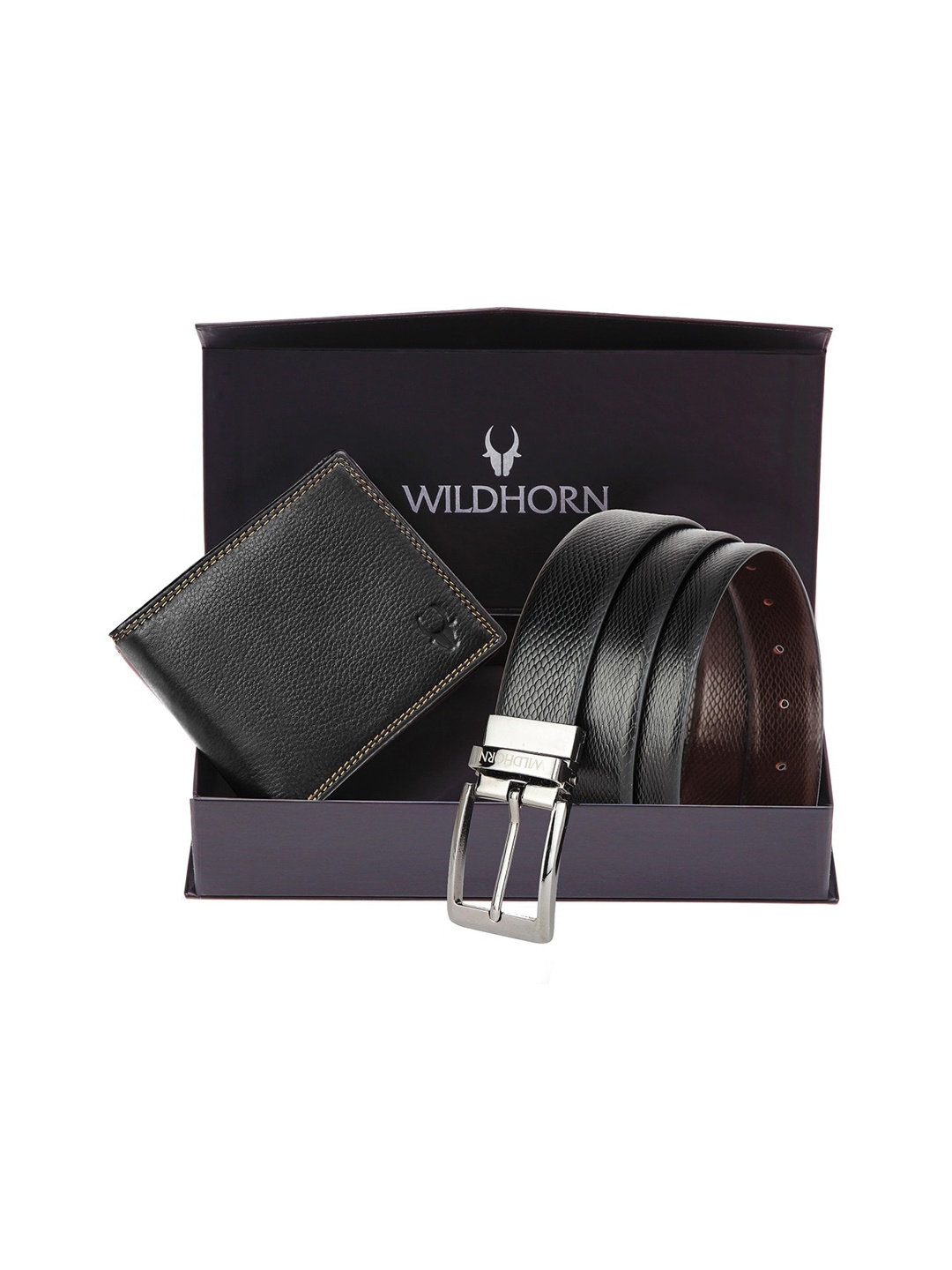 

WildHorn Men Black Textured Pure Genuine Leather Accessory Gift Set